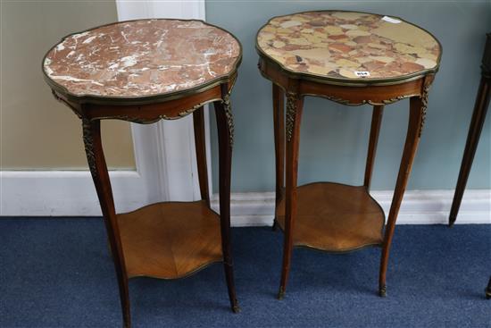 A pair of French marble top occasional tables (marble differs), H.75cm
